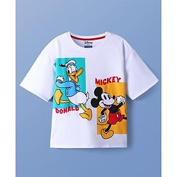 Pine Kids Disney Terry Knit Half Sleeves Drop Shoulder T-Shirt With Mickey And Friends Front & Back Graphic - White