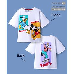 Pine Kids Disney Terry Knit Half Sleeves Drop Shoulder T-Shirt With Mickey And Friends Front & Back Graphic - White
