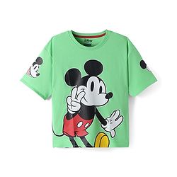 Pine Kids Disney Terry Knit Half Sleeves Drop Shoulder T-Shirt With Mickey Mouse Front & Back Graphic - Light Green