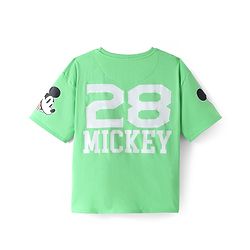 Pine Kids Disney Terry Knit Half Sleeves Drop Shoulder T-Shirt With Mickey Mouse Front & Back Graphic - Light Green