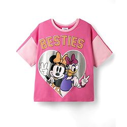 Pine Kids Disney Terry Knit Half Sleeves Oversized And Drop Shoulder T-Shirt With Front And Back Minnie Mouse Graphics And Foil Detailing - Pink