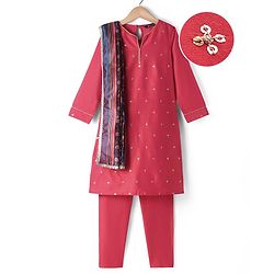 Pine Kids Woven Three Fourth Sleeves Kurta Churidar Set with Dupatta & Floral Embellisment and Lace Detailing - Red