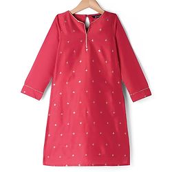 Pine Kids Woven Three Fourth Sleeves Kurta Churidar Set with Dupatta & Floral Embellisment and Lace Detailing - Red