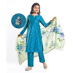 Pine Kids Woven Full Sleeves Kurti & Chudidar with Dupatta & Sequin Detailing - Teal Blue