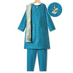 Pine Kids Woven Full Sleeves Kurti & Chudidar with Dupatta & Sequin Detailing - Teal Blue