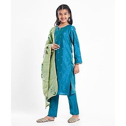 Pine Kids Woven Full Sleeves Kurti & Chudidar with Dupatta & Sequin Detailing - Teal Blue
