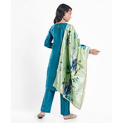 Pine Kids Woven Full Sleeves Kurti & Chudidar with Dupatta & Sequin Detailing - Teal Blue