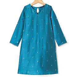 Pine Kids Woven Full Sleeves Kurti & Chudidar with Dupatta & Sequin Detailing - Teal Blue