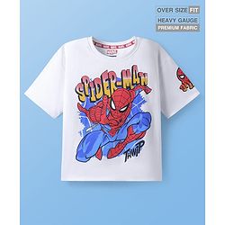 Pine Kids Marvel Terry Knit Half Drop Shoulder Sleeves Oversized Fit T-Shirt with Spiderman Graphics - White
