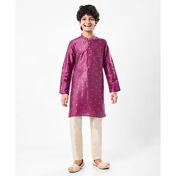 Pine Kids Woven Full Sleeves Kurta Pyjama Set with Floral Foil Print - Purple