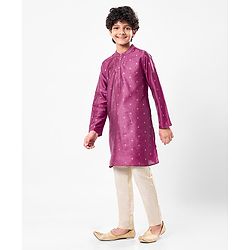 Pine Kids Woven Full Sleeves Kurta Pyjama Set with Floral Foil Print - Purple