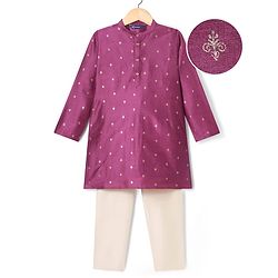 Pine Kids Woven Full Sleeves Kurta Pyjama Set with Floral Foil Print - Purple