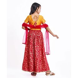 Pine Kids Woven Half Sleeves Choli & Foil Printed Lenhenga with Dupatta & Sequin Embroidery - Red