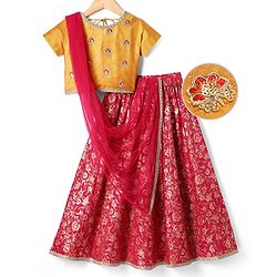 Pine Kids Woven Half Sleeves Choli & Foil Printed Lenhenga with Dupatta & Sequin Embroidery - Red