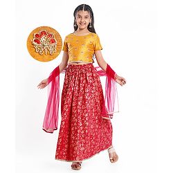 Pine Kids Woven Half Sleeves Choli & Foil Printed Lenhenga with Dupatta & Sequin Embroidery - Red