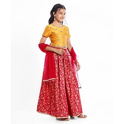 Pine Kids Woven Half Sleeves Choli & Foil Printed Lenhenga with Dupatta & Sequin Embroidery - Red