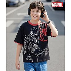 Pine Kids Marvel Terry Knit Half Drop Shoulder Sleeves Oversized T-Shirt with Spider Man Graphics & Pocket Detailing - Black