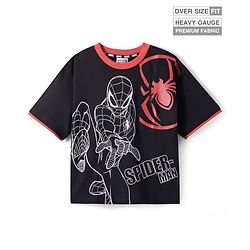 Pine Kids Marvel Terry Knit Half Drop Shoulder Sleeves Oversized T-Shirt with Spider Man Graphics & Pocket Detailing - Black