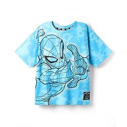 Pine Kids Marvel Terry Knit Half Sleeves Oversized Drop Shoulder Tie And Dye T-Shirt With Spider-Man Graphics And Badge Detailing - Light Blue