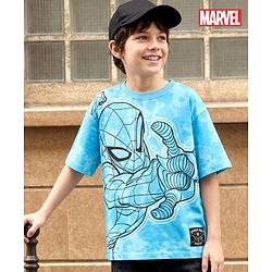 Pine Kids Marvel Terry Knit Half Sleeves Oversized Drop Shoulder Tie And Dye T-Shirt With Spider-Man Graphics And Badge Detailing - Light Blue