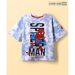 Pine Kids Marvel Terry Knit Half Sleeves Oversized Drop Shoulder Tie And Dye T-Shirt With Spider-Man Graphics And Badge Detailing - Light Blue