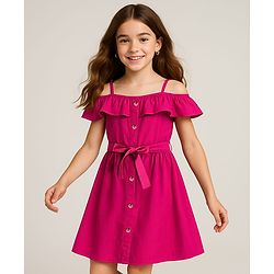 Pine Kids Poplin Woven Cold Shoulder Sleeves Solid Color Front Open Dress with Frill Detailing - Dark Pink