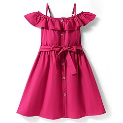 Pine Kids Poplin Woven Cold Shoulder Sleeves Solid Color Front Open Dress with Frill Detailing - Dark Pink