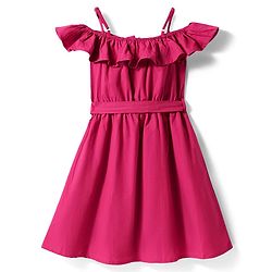 Pine Kids Poplin Woven Cold Shoulder Sleeves Solid Color Front Open Dress with Frill Detailing - Dark Pink