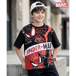 Pine Kids Marvel Terry Knit Half Sleeves Oversize And Drop Shoulder T-Shirt With Spider-Man Graphics - Black