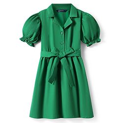 Pine Kids Poplin Woven Puffed Sleeves Solid Color Collared Frock - Dark Green