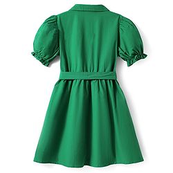 Pine Kids Poplin Woven Puffed Sleeves Solid Color Collared Frock - Dark Green