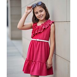 Pine Kids Woven Sleeveless Solid Frock With Belt - Dark Pink