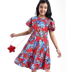 Pine Kids Poplin Woven Half Sleeves Frock with Floral Print - Red