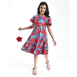 Pine Kids Poplin Woven Half Sleeves Frock with Floral Print - Red