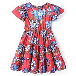 Pine Kids Poplin Woven Half Sleeves Frock with Floral Print - Red