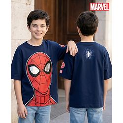 Pine Kids Marvel Terry Knit Half Sleeves Oversized Drop Shoulder T-Shirt With Spider-Man Graphics And Badge Detailing - Navy Blue