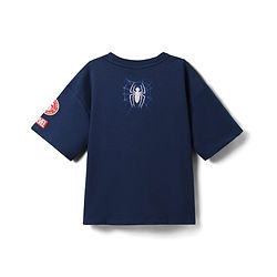 Pine Kids Marvel Terry Knit Half Sleeves Oversized Drop Shoulder T-Shirt With Spider-Man Graphics And Badge Detailing - Navy Blue