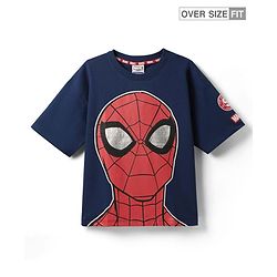 Pine Kids Marvel Terry Knit Half Sleeves Oversized Drop Shoulder T-Shirt With Spider-Man Graphics And Badge Detailing - Navy Blue