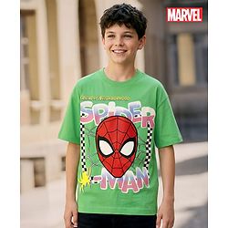 Pine Kids Marvel Terry Knit Half Drop Shoulder Sleeves Oversized T-Shirt with Spider Man Graphics - Green