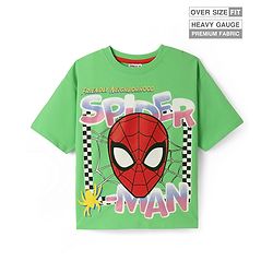 Pine Kids Marvel Terry Knit Half Drop Shoulder Sleeves Oversized T-Shirt with Spider Man Graphics - Green