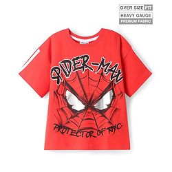 Pine Kids Marvel Terry Knit Half Drop Shoulder Sleeves Oversized T-Shirt with Spider Man Graphics - Red