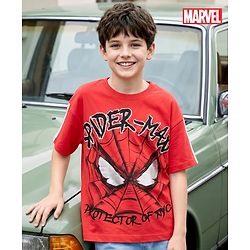 Pine Kids Marvel Terry Knit Half Drop Shoulder Sleeves Oversized T-Shirt with Spider Man Graphics - Red