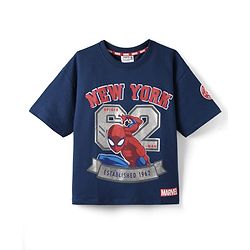 Pine Kids Marvel Terry Knit Half Sleeves Oversized and Drop Shoulder T-Shirt With Spider-Man Graphics And Foil Detailing - Navy Blue