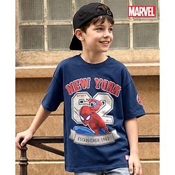 Pine Kids Marvel Terry Knit Half Sleeves Oversized and Drop Shoulder T-Shirt With Spider-Man Graphics And Foil Detailing - Navy Blue