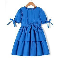 Pine Kids Poplin Woven Half Puffed Sleeves Solid Color Layered Frock with Fabric Belt - Blue
