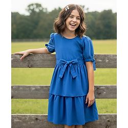 Pine Kids Poplin Woven Half Puffed Sleeves Solid Color Layered Frock with Fabric Belt - Blue
