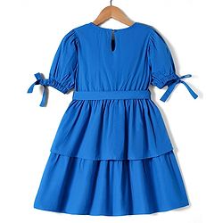 Pine Kids Poplin Woven Half Puffed Sleeves Solid Color Layered Frock with Fabric Belt - Blue