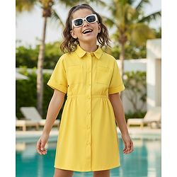 Pine Kids Cotton Woven Half Sleeves Solid Shirt Style Frock - Golden