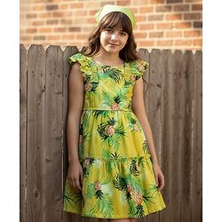 Pine Kids Cotton Woven Frill Sleeves Frock with Tropical Print - Limegreen
