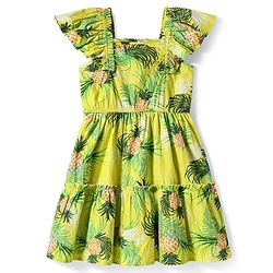 Pine Kids Cotton Woven Frill Sleeves Frock with Tropical Print - Limegreen
